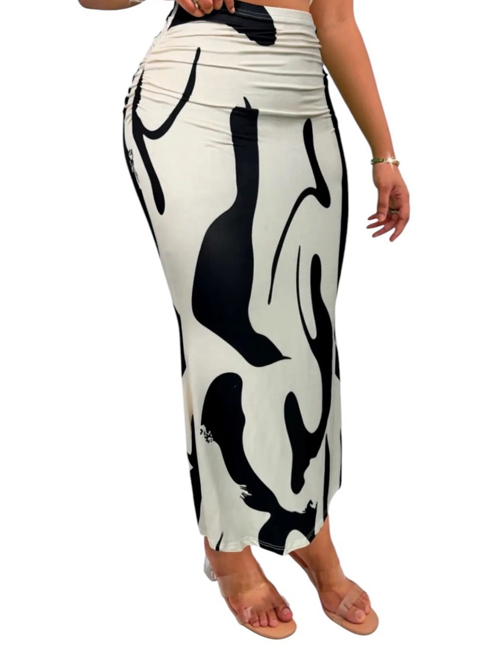 Abstract Print High-Waist Maxi Skirt in White and Black